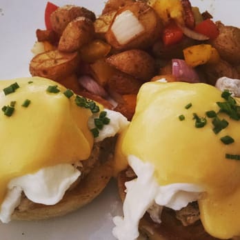 Driftwood Kitchen - Crab Eggs Benedict with Blood Orange Hollandaise - Seafood Near Me - Laguna Beach, California