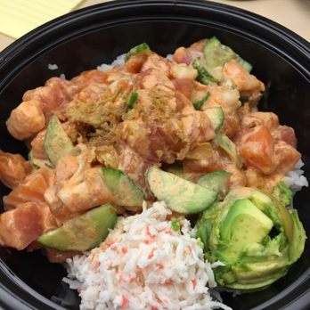 Pokenoya - My bowl had salmon, spicy salmon, tuna and shrimp. I added cucumbers and crunchy onion toppings with all their sauces and spicy mayo! - Seafood Near Me - Irvine, California