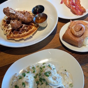 The Pearl - Chicken and Waffles, and Eggs Benedict. With sides of bacon & cinnamon roll. - New American Near Me - Columbus, Ohio The Pearl - Chicken and Waffles, and Eggs Benedict. With sides of bacon & cinnamon roll. - New American Near Me - Columbus, Ohio