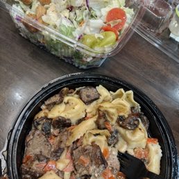Braised beef tortellini and house salad Braised beef tortellini and house salad