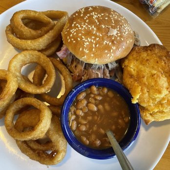 Happy Hawg BBQ Hiram - Pulled Pork Sandwich Plate with onion rings, baked beans and cornbread. - Barbeque Near Me - Hiram, Georgia Happy Hawg BBQ Hiram - Pulled Pork Sandwich Plate with onion rings, baked beans and cornbread. - Barbeque Near Me - Hiram, Georgia