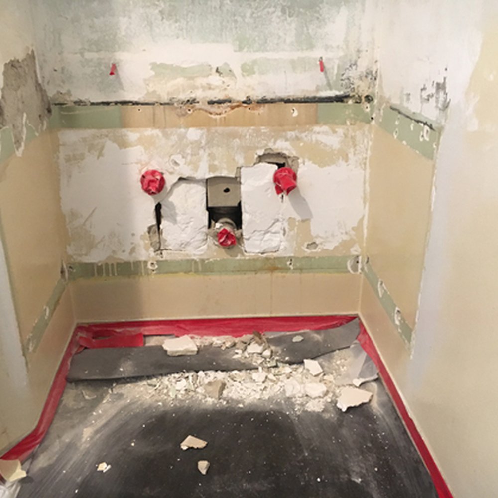 Patchwork's Plastering & Patching Specialists - before shot - vanity, and sink removed to make room new pedestal sink - Stucco Services Near Me Patchwork's Plastering & Patching Specialists - before shot - vanity, and sink removed to make room new pedestal sink - Stucco Services Near Me