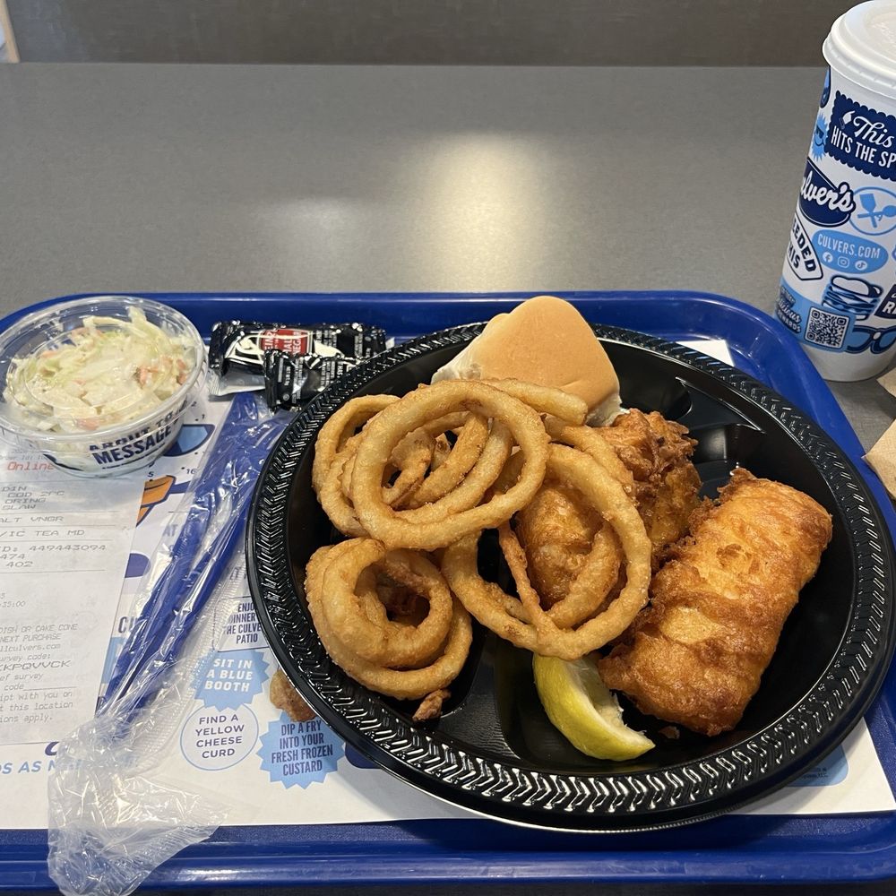 Culver's - 2 piece cod dinner with coleslaw and onion rings - Burgers Near Me - Duncan, South Carolina Culver's - 2 piece cod dinner with coleslaw and onion rings - Burgers Near Me - Duncan, South Carolina
