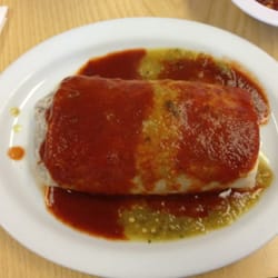 Bean and cheese burrito - half red half green sauce.