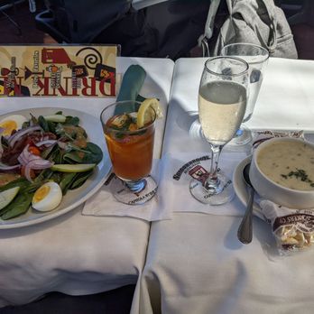 Shadowbrook - Shadowbrook house salad, a Pimms lemonade, a French 75, and clam chowder - American Near Me - Capitola, California