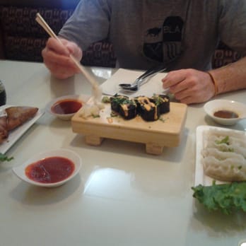 Sun Cuisines - Sumusa, black rice spicy salmon roll and unfried fried gyoza - Thai Near Me - Buffalo, New York Sun Cuisines - Sumusa, black rice spicy salmon roll and unfried fried gyoza - Thai Near Me - Buffalo, New York