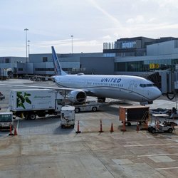 San Francisco International Airport - Terminal 3 E - B737-MAX8/9 parked at SFO Gate E4. UA 753, SFO to ATL, nonstop. United Airlines. San Francisco International Airport Terminal 3.