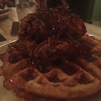 Cedar Point Bar and Kitchen - Chicken and waffles with maple bbq sauce, has a kick to it! - American Near Me - Philadelphia, Pennsylvania
