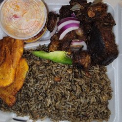 Jean's Cuisine - Fried goat, diri djon djon, plantains,  came with pikliz.