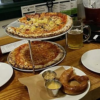 Jack's Abby Brewing - Hot and sweet  (pineapple, tasso ham,  cerrano peppers). Mildly spicy. & Old reliable. Cheese and sauce.  Wood fired and delicious. - Brewpubs Near Me - Framingham, Massachusetts