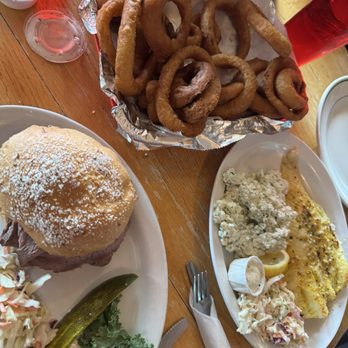 Hoak's Restaurant - Beer batteted onion rings, beef on weck sandwich plate, lemon dill broiled fish plate. - Seafood Near Me - Hamburg, New York