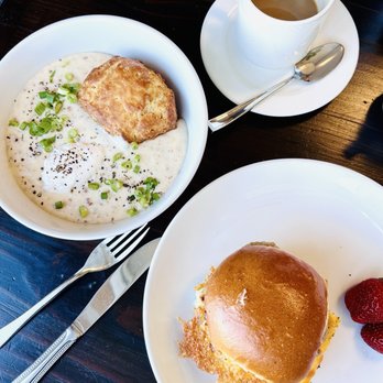Grover Beach Sourdough - Breakfast Sandwich, Biscuits and Gravy (with added poached egg), and freshly made French Pressed local coffee. - Bakeries Near Me - Grover Beach, California