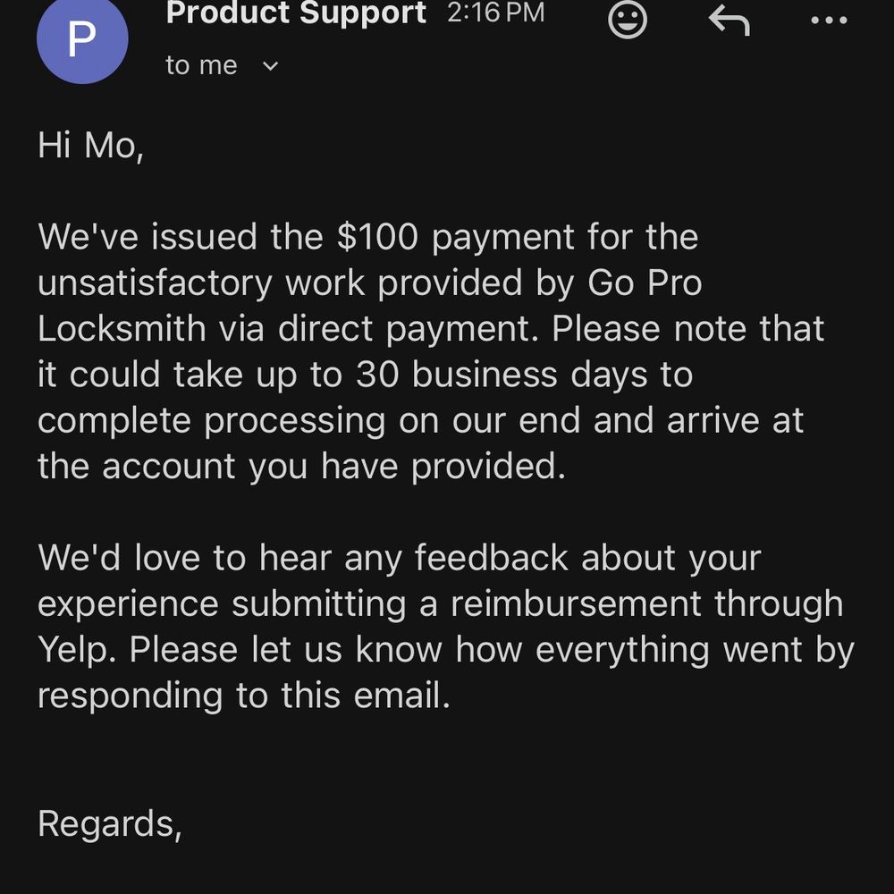 Go Pro Locksmith - Yelp reviewed my case and reimbursed me for this service. - Keys & Locksmiths Near Me - Palo Alto, California