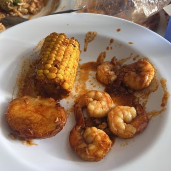 The Crab Shack - Shrimp boil with potatoes and corn. Medium spice.  LOTS of garlic -- we loved it.   Again - enough for two people and had some leftover. - Seafood Near Me - Long Beach, California