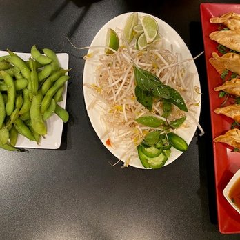 Pho Plus - (Left) Edamame (Middle) Sprouts, jalepenos, thai basil, and lime- comes with the Pho (Right) Gyoza - Vietnamese Near Me - Provo, Utah