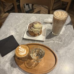 Cortado, cinnamon roll & shaken espresso