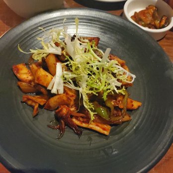 Haenyeo - Sautéed Squid.  $28 for 4oz of squid sautéed 4oz of vegetables.  Nouvelle & Korean Fusion. - Korean Near Me - Brooklyn, New York