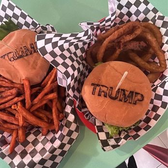 Trump Burger - Cheese burger with onion rings and sweet potato fries - Chicken Wings Near Me - Bellville, Texas Trump Burger - Cheese burger with onion rings and sweet potato fries - Chicken Wings Near Me - Bellville, Texas
