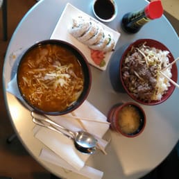 Spicy ramen, bulogi, miso soup and dragon roll Spicy ramen, bulogi, miso soup and dragon roll