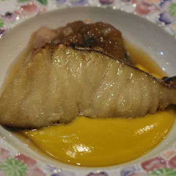 Nanzan GiroGiro - Sawara Japanese Ono, kabocha sauce, eggplant tosazu vinegar jelly, radish sprout, and heart of palm. - Japanese Near Me - Honolulu, Hawaii