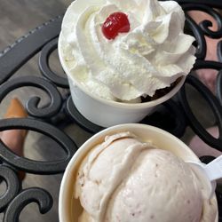 Tillys Homeade Ice Cream - One-scoop Strawberry (bottom) and butter pecan Sundae (top)
