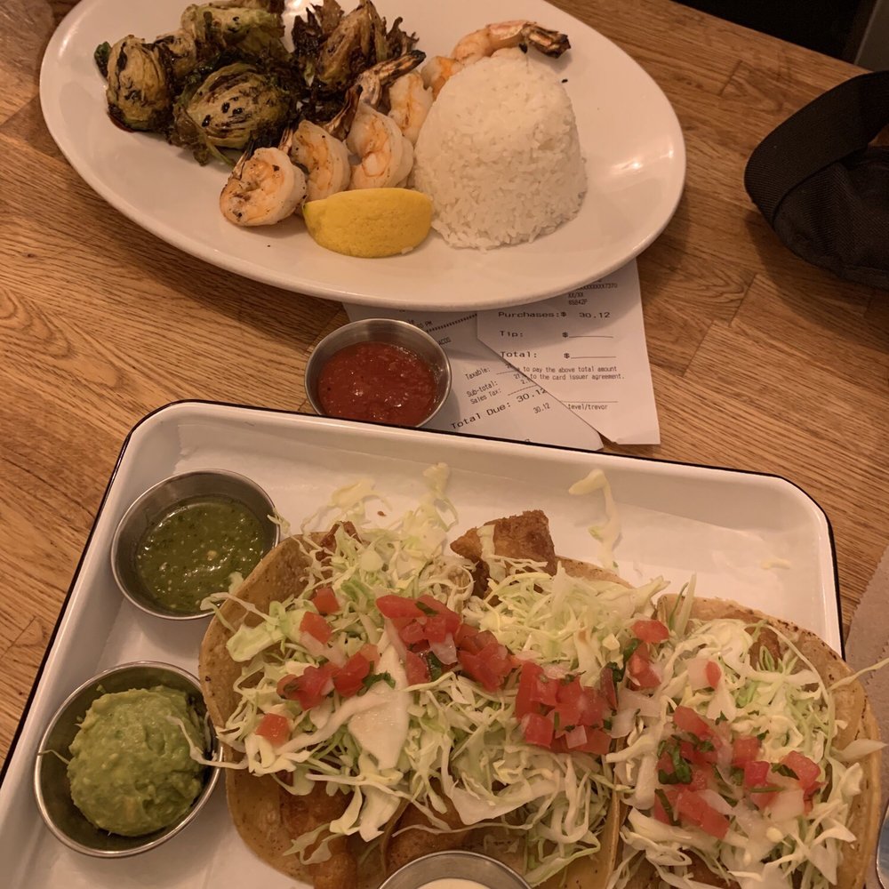 Fish 101 - Shrimp with white rice and brussel sprouts and fried fish tacos! - Seafood Near Me - Encinitas, California Fish 101 - Shrimp with white rice and brussel sprouts and fried fish tacos! - Seafood Near Me - Encinitas, California