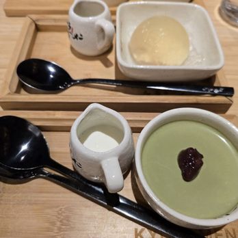 Kyuramen x TBaar - Matcha Pudding with Red Bean (front) and Japanese Cherry Blossom Jelly (back) - Ramen Near Me - Vernon Hills, Illinois Kyuramen x TBaar - Matcha Pudding with Red Bean (front) and Japanese Cherry Blossom Jelly (back) - Ramen Near Me - Vernon Hills, Illinois