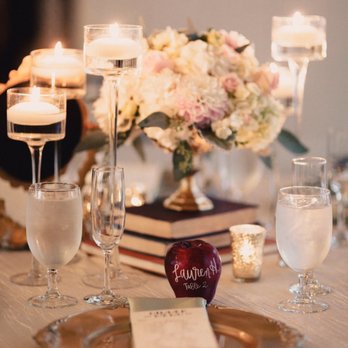 Sarah Sotro - Centerpieces (by Wendy Sykes at The Purple Iris) on vintage books with floating candles and gold votives - Session Photography Near Me Sarah Sotro - Centerpieces (by Wendy Sykes at The Purple Iris) on vintage books with floating candles and gold votives - Session Photography Near Me