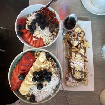 Millie's Cafe - Pasadena - Macha Power Bowl top, Pitaya Bowl and waffles + - Breakfast & Brunch Near Me - Pasadena, California