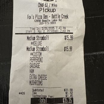 Fox's Pizza Den - Technology fee for us paying cash? - Pizza Near Me - Battle Creek, Michigan Fox's Pizza Den - Technology fee for us paying cash? - Pizza Near Me - Battle Creek, Michigan