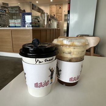 Made Coffee - Spanish latte, Iced decaf Americano with vanilla syrup and pistachio cold foam - Coffee & Tea Near Me - Yorba Linda, California