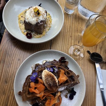 Joseph Hyde Cafe - Carrot cake waffles (bottom), passion fruit French toast (top) - Cafes Near Me - Potts Point, NSW Joseph Hyde Cafe - Carrot cake waffles (bottom), passion fruit French toast (top) - Cafes Near Me - Potts Point, NSW