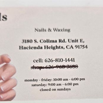 D Nails - Same amazing service and location, but now she is "Waxing by Diane." Her cell is 626-810-1441 and she is always the best!! - Nail Salons Near Me - Hacienda Heights, California D Nails - Same amazing service and location, but now she is "Waxing by Diane." Her cell is 626-810-1441 and she is always the best!! - Nail Salons Near Me - Hacienda Heights, California