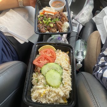 Le Basil - shrimp fried rice and bbq pork with rice lunch plate - Thai Near Me - Palm Desert, California Le Basil - shrimp fried rice and bbq pork with rice lunch plate - Thai Near Me - Palm Desert, California