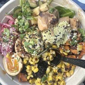 Nom - Teriyaki Chicken, Black Rice, Sweet Potatoes, Coconut Corn, Avocado, Jammy Egg, Pickled Onion, Spicy Pickles, Edamame Hummus, & Cilantro - Asian Fusion Near Me - San Juan Capistrano, California