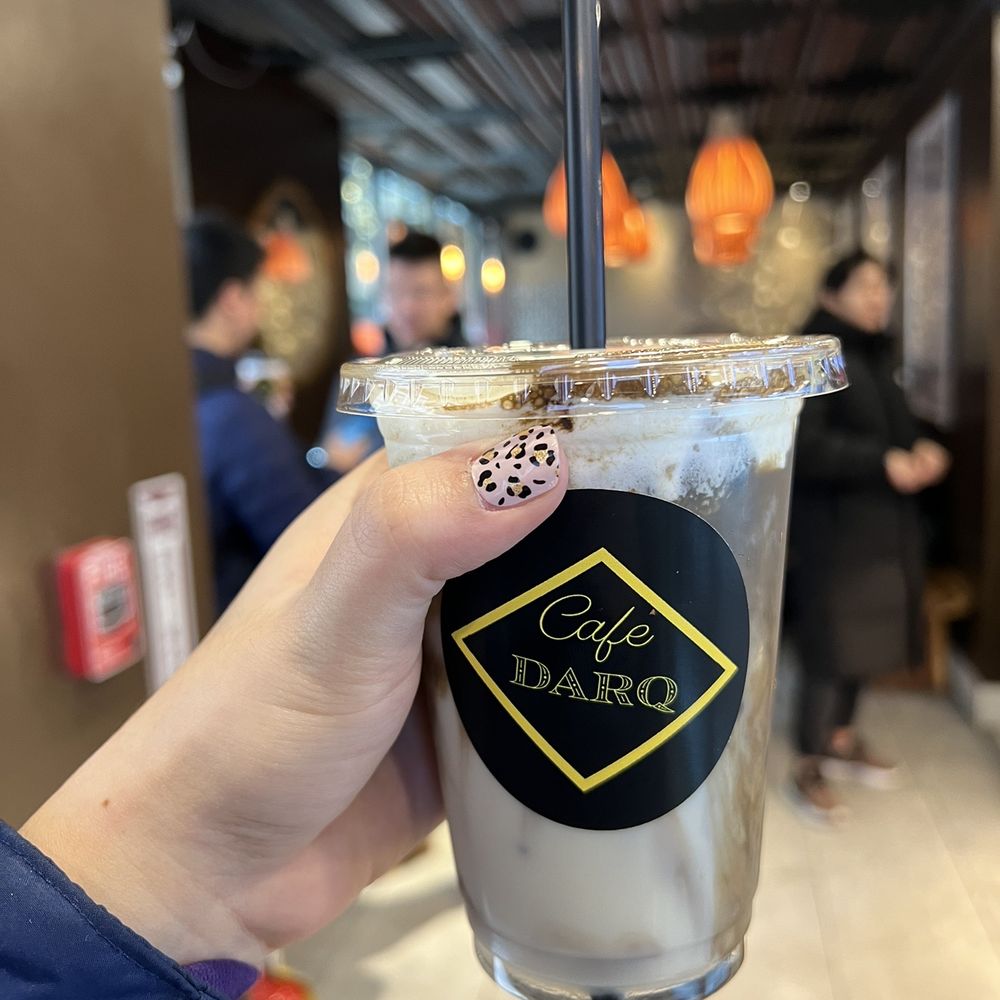 Cafe Darq - iced hojicha latte with cream cheese cap - Asian Fusion Near Me - Boston, Massachusetts