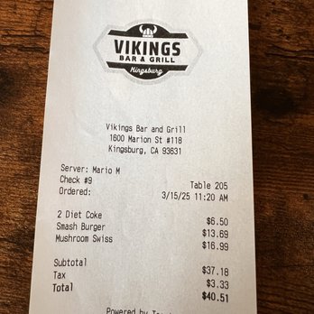Vikings Bar and Grill - Bill for 2 sodas and 2 burgers. Not bad. - Burgers Near Me - Kingsburg, California Vikings Bar and Grill - Bill for 2 sodas and 2 burgers. Not bad. - Burgers Near Me - Kingsburg, California
