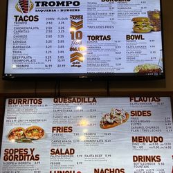 Trompo Taqueria & Burgers - Updated Menu as of March 2nd 2023. Prices have gone up.