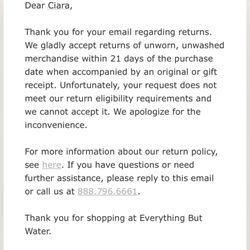 Everything But Water - Response from company