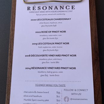 Résonance - menu - Wine Tasting Room Near Me - Dayton, Oregon