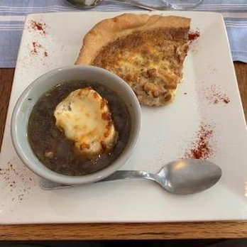 Cafe Alsace - ham and cheese quiche with onion soup - French Near Me - Decatur, Georgia Cafe Alsace - ham and cheese quiche with onion soup - French Near Me - Decatur, Georgia