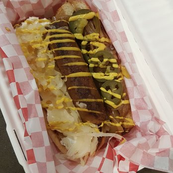 Cycle Dogs - Seattle dog (brat + mustard, jalapeno, sauerkraut) - Hot Dogs Near Me - Seattle, Washington Cycle Dogs - Seattle dog (brat + mustard, jalapeno, sauerkraut) - Hot Dogs Near Me - Seattle, Washington