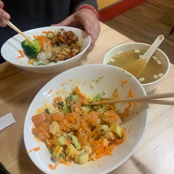 Splendid Sushi - Slightly demolished Beef teriyaki rice bowl, Spicy Hawaiian Salmon Poké Bowl, and Miso soup - Sushi Bars Near Me - Concord, New Hampshire