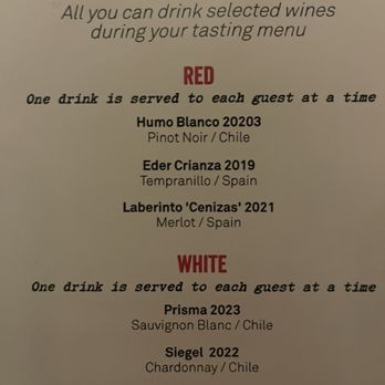 China Chilcano - This is the wine pairing menu clearly stating all you can drink while you are doing the tasting menu. - Peruvian Near Me - Washington, DC, District of Columbia