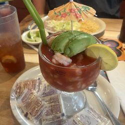 El Patio - The shrimp cocktail is plenty for sharing. Yummy, too. Served with saltines and fresh avocado, it often makes a meal!