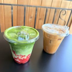 Hada Coffee - Iced strawberry matcha latte and Okinawa black sugar latte