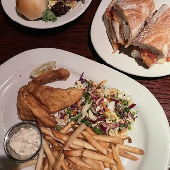Houlihan's - I got the fish and chips (not bad), and they got the chicken parm sandwich with a side salad (which they loved). - Bars Near Me - Ramsey, New Jersey
