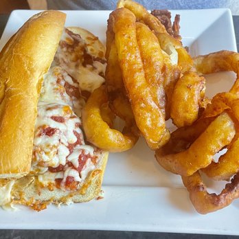 Spring Lake Tap House - Meatball Parm Sandwich with Onion Rings - American Near Me - Spring Lake, New Jersey Spring Lake Tap House - Meatball Parm Sandwich with Onion Rings - American Near Me - Spring Lake, New Jersey