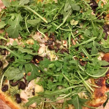 Blaze Pizza - Green Stripe pizza with pesto spread, olives, mushroom and arugula added. - Salad Near Me - Alhambra, California