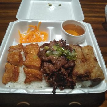 My Lan Bistro - Shrimp tofu grill meat and fried egg roll over steamed rice - Vietnamese Near Me - Fort Worth, Texas